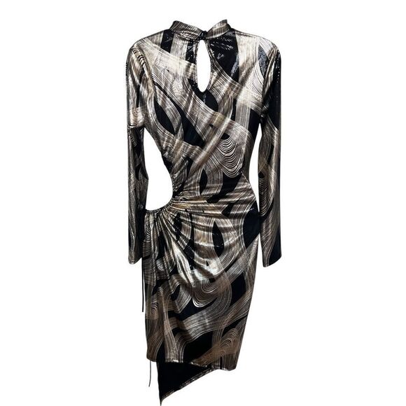 K TOO Vintage Metallic Black Gold Print Long sleeves Dress - Size L - Picture 5 of 10